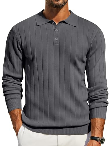COOFANDY Mens Ribbed Knit Polo Jumper Long Sleeve | Knitted Polo Shirts, Regular Fit