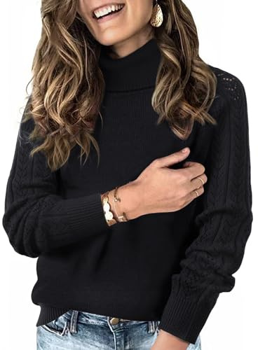 Tanmolo Pull Col Roulé Femme Élégant à Manches Brodées Motifs Ajourés pour Automne Hiver Tendance Confortable Noir, L