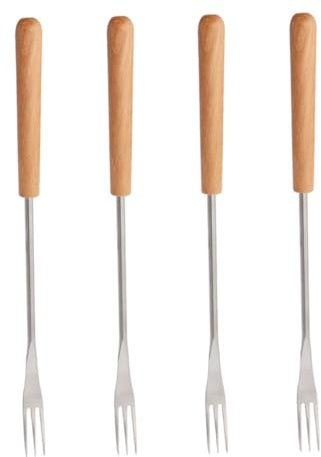 CIYODO Lot de 4 Fourchettes à Fondue en Acier Inoxydable, Manche en Bois, pour Barbecue et Tremper le Fromage, Bâtons à Rôtir