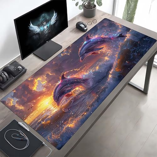 Gaming Mauspad 80 x 40cm Gaming Mousepad XXL Delphin Lila Mauspad Schreibtischauflage, Genähte Kanten Mausmat, rutschfeste Gummibasis, Schreibtisch Schutz für Home Büro, Geschenke PjY3804 A-3