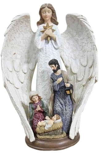 Joygoodta Figuras de Natividad de Navidad, Estatua de la Sagrada Familia de Resina con Escultura de ángel, estatuas religiosas Vintage para decoración de Mesa de Navidad en el hogar, Estatua de ángel