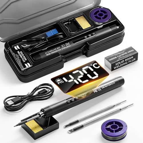 USB-C Cordless Soldering Iron Kit, Rechargeable & Fast Heating, LCD Digital Display with Adjustable Temperature 260°C-420°C, 3 Tips & Solder Wire, Portable for Electronics Repair, DIY Projects Grey