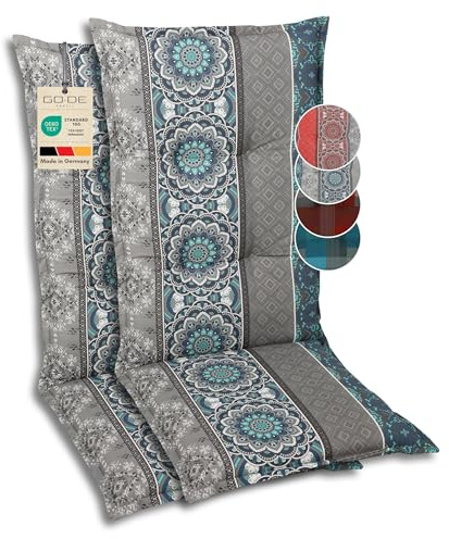 GO-DE Textil Bequeme und attraktive Polsterauflagen für Hochlehner-Gartenstühle (2er-Set, Ornamentstreifen blau, Hochlehner)