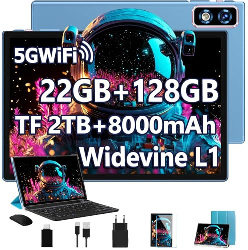 Último Tablet Android Gemini AI, Tablet 10 Pulgadas, 22GB+128GB/TF 1TB, Octa-Core 2.0GHz, 5G WiFi, Bluetooth5.0, 8000mAh Batería, 8MP+5MP, Widevine L1, GPS, Tablet con Funda, Teclado y Ratón - Azul