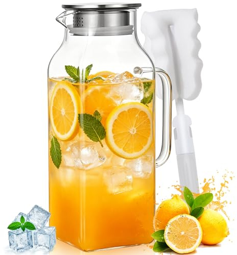 JITPOU Vattenkaraff 2 liter karaff glas med lock glaskaraff för kylskåpsdörr fyrkantig vattenkanna glas kallt varmt för vatten iste vin juice te (med koppborst)