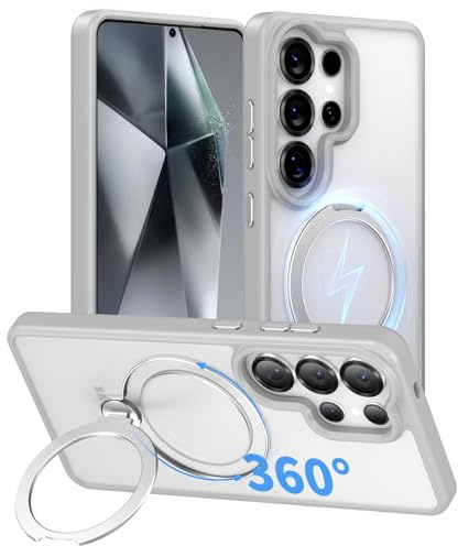 Pnakqil Magnetisk mobiltelefonfodral för Samsung Galaxy S24 Ultra, fodral med 360°-snurrställ och ringhållare, kompatibelt med MagSafe, transparent skyddsfodral i silikon TPU, skrapfast fodral för S24