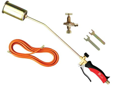 Chalumeau de chauffage en kit composition: 1 channel à levier de 70 cm avec brûleur de Ø 60 mm, puissance 35 kw, 1 tube en caoutchouc raccordé par 10 mètres, 1 régulateur pour gaz.