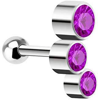 Piersando Tragus Helix Ohr Piercing Cartilage Knorpel Stab Stecker 316 L Chirurgenstahl mit 3 Zirkonia Kristall Rund Silber Lila rechtes