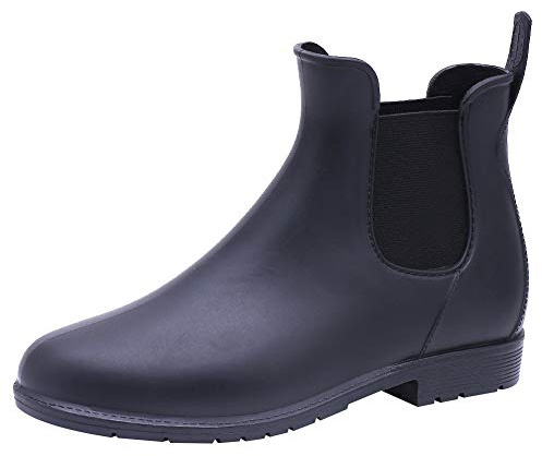 ANUFER Dam Chelsea ankelregn stövlar hållbara elastiska slip-on Welly skor, Svart, 40 EU