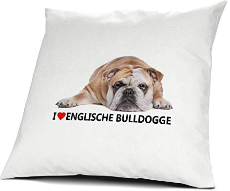 printplanet® Kopfkissen Englische Bulldogge, Kissen mit Füllung I Love Englische Bulldogge, 40 cm, 100% Baumwolle