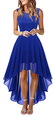 Onsoyours Abiti da Sera Senza Maniche Linea ad A in Pizzo Chiffon al Ginocchio con Orlo Asimmetrico da Donna B Blu L
