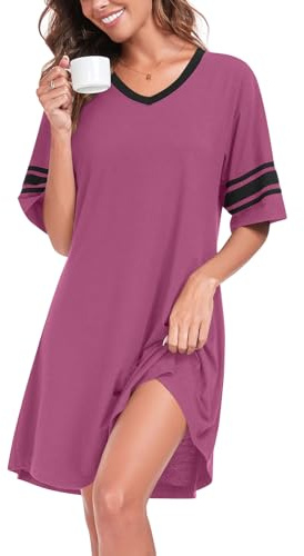 YVH Women's Nightdresses Nightshirt V Neck Nightwear Casual Nighties Sleepwear Short Sleeve Nightgown Night Dress Loungewear Pajama, Mauve, XL