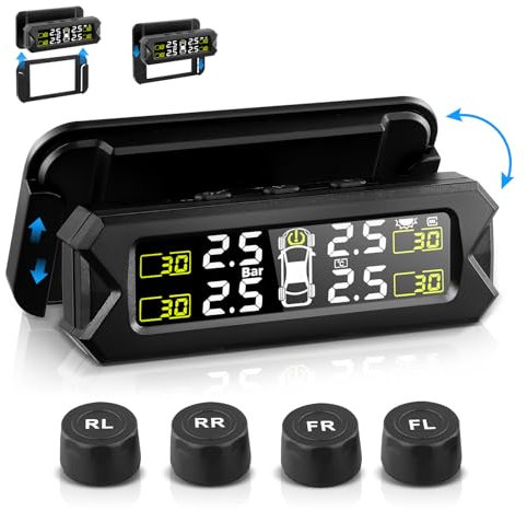 TPMS tyre pressure monitoring system, Solar Wireless Smart Tire Safety Monitor with 4 External Cap Sensors, USB Charging and Digital Display, Tire Pressure Auto Alarm System with Real-Time Pressure