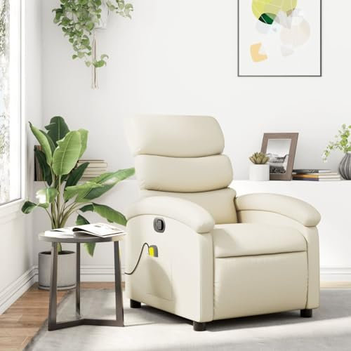 Homgoday Poltrona massaggiante per TV, poltrona relax con funzione di riposo manuale, poltrona reclinabile, poltrona reclinabile per TV, schienale regolabile, per soggiorno, color crema, ecopelle