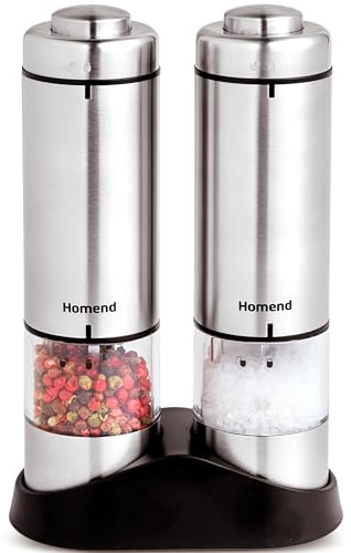 Homend Grindgo Electric Salt & Pepper Grinder Set –Battery Operated, LED Indicator, Adjustable Ceramic Mill, Automatic One-Hand Operation, Easy to Refill, Premium Stainless Steel