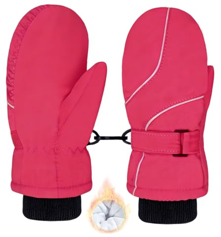 lifwimner Guantes de Invierno para Niños, Manoplas de Esquí Cálidas con Forro Polar Guantes Impermeables Cortavientos para Niñas 3-6 años (Rojo Rosa)