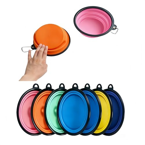 RQzaufania Faltbare Hundenäpfe mit Karabinerhaken der einteilig geformte Rand Verhindert das Zusammenklappen. 2 Pack Reise-Futter und Wassernäpfe für Hunde(klein, Rosa und Orange).
