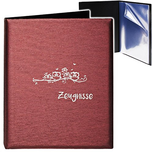 alles-meine.de GmbH A4 - Zeugnismappe/Dokumentenmappe - Zeugnisse lustige Eulen & Schmetterlinge - 3D Metallic Effekt - Bordeaux rot - GEBUNDEN mit 20 festen Seiten- ..