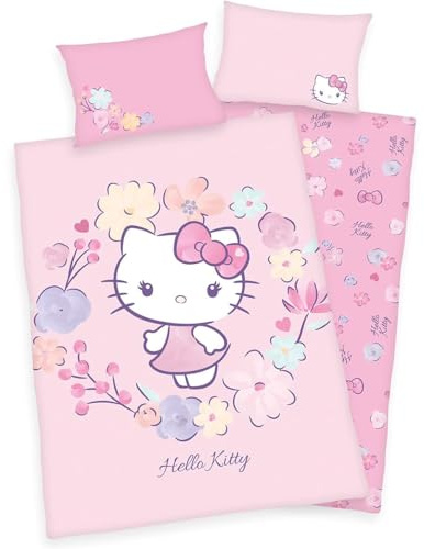 Herding Hello Kitty Flanell Bettwäsche 40x60cm +100x135cm, 100% Bio-Baumwolle, Biber