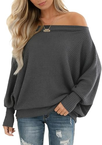 Dressmine Going Out Tops for Women UK Off The Shoulder Tops Casual Long Sleeve Oversized Pullover Sweater Shirts Tunic Deep Gray Size 18