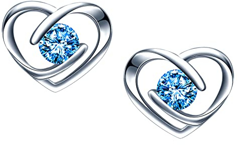 Yumilok Boucles d'oreilles zircon pour femmes et filles, Boucle d'oreille en argent 925, Clous d'oreilles diamants, Boucles d'oreilles cœurs élégantes, brillant, bleu