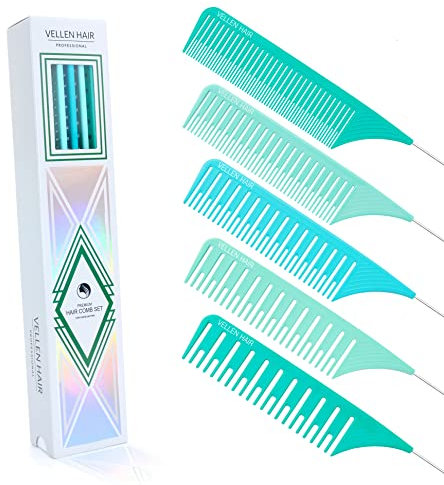Vellen Hair Ultimate Highlight Comb Set Heat Resistant PEI Material 430°F Heat Resistant Professional Highlight Balayage Comb with Extra Long Stainless Steel Needle - 5 Sizes (Mint/Blue)