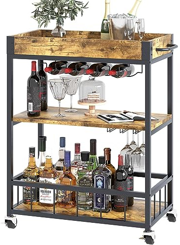 Azheruol Bar Cart Serving Wine 3 Tier Home Rolling Rack with Wheels Mobile Kitchen Industrial Vintage Style Wood Metal Serving Trolley Serving Cart,Glass Holder Bar Cabinet