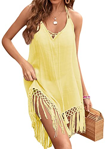 JFAN Vestido de Verano de Crochet y Espalda Abierta Pareos y Camisola con Borla Cubrir Traje de Baño de Playa para Mujer Amarillo