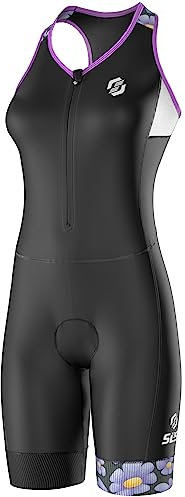 SLS3 Tuta da triathlon da donna, in tessuto FRT, comodo e resistente, senza reggiseno, Grafite/fiori di lavanda, Medium