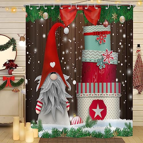 Hnmdmyi Duschvorhang Weihnachten 180x180, Niedlicher GNOME Bunte Geschenkboxen Xmas Rustikal Bauernhof Winter Urlaub Badewanne Vorhang Wasserdicht Polyester Stoff Waschbar Badevorhang mit Haken
