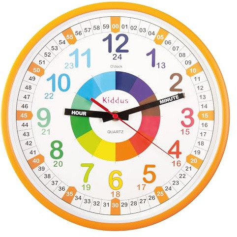 Kiddus Horloge Murale Éducative pour Enfants, Garçon, Fille. Diamètre 30 cm.Time Teacher Analogique avec Exercices. Mécanisme en Quartz Silencieux.