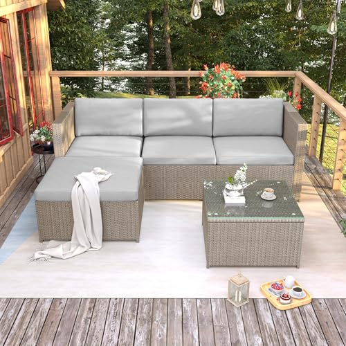 Easexcy Polyrattan Lounge-Sofagarnitur, Gartenmöbel, Ecksofa, Couchgarnitur mit Sitz- und Rückenkissen, Lounge-Tisch mit Glasplatte, Schwarz,Grau,Khaki (Khaki)
