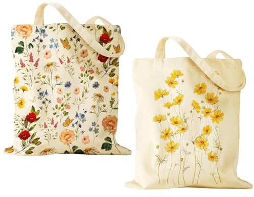 TVSVKWE 2 Pieces Of Flower Canvas Bag, Lightweight Handbag, Large-Capacity Shoulder Bag, Suitable For Vacation, Shopping, And Work.