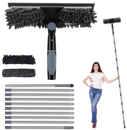 4.5M Long Reach Window Cleaning Equipment, Telescopic Window Cleaner Pole with Silicone Squeegee with 3 Cleaning Cloths Capable of Absorbs Dust and Moisture from Window Glass Surfaces