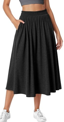 Adigau Jupes pour Femmes Jupe Mi-Longue Haute Taille Élégante Jupes de Sport Décontractée Unie avec Poches A-Ligne Jupe Plissée Taille Élastique