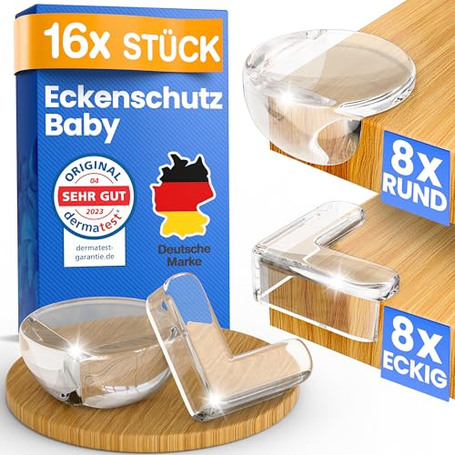 ADLERSFELD® 16x Eckenschutz Baby - (Mit Kleber von TESA) Kantenschutz Baby - Weich & Stoßfest - Extra starker Halt - Eckenschutz Kantenschutz Selbstklebend - Tischkantenschutz Ecken - Transparent