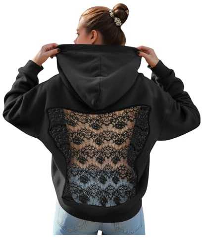 Générique Oversized Sweat à Capuche Femme Automne Hoodie Sexy Dos Ouvert Dentelle Sweat-Shirt Uni Chic Longues Manches Haut Femme Casual et Élégant Sweat Polyvalent Sport Vêtementss