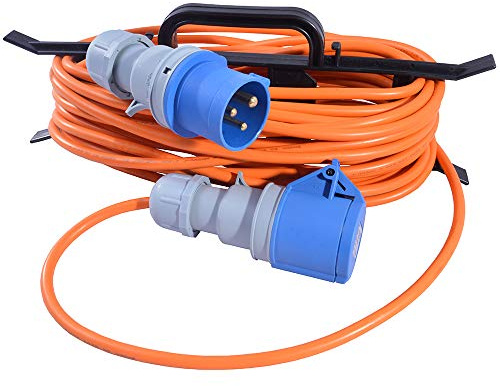 All Lengths Caravan Camping Motorhome Hook Up Cable 16A Site Extension Lead Electric 16 AMP to 16 AMP (1.5mm 3183Y PVC Orange Flex) with FREE Cable Carrier Reel (5m)
