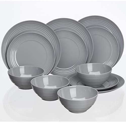 Melamin Camping Geschirr Set 4 Personen Essgeschirr Campinggeschirr Picknick 12 Teile Teller Schüssel grau elegant Set Tafelservice Tafelgeschirr Outdoor Kombiservice Rutschfest