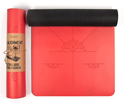 Myga Große Ausrichtungs-Yogamatte mit Körperausrichtungslinien, umweltfreundliche, rutschfeste Yogamatte, hochdichte PU-Polsterung (205cm x 70cm x 6mm) Rot