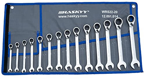 HASKYY 14tlg I 8-22mm I Ratschenschlüssel-Set I 15° Arbeitswinkel I Gabelschlüssel Ratschen-Schlüssel-Satz Maulschlüssel