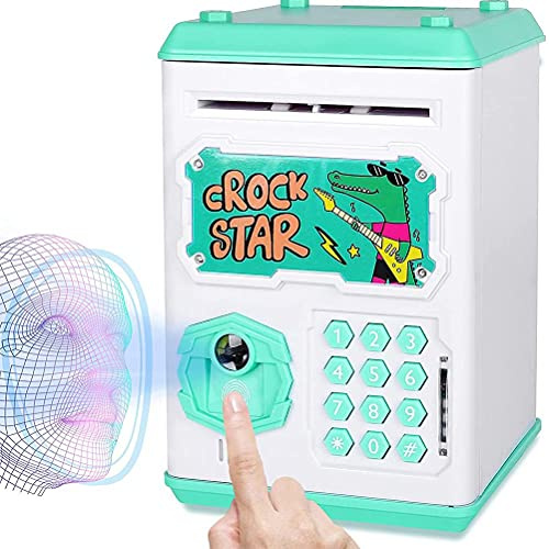 Prevessel Alcancía electrónica, hucha en efectivo, caja de ahorro de dinero, huellas dactilares y escaneo facial, bloqueo de contraseña, caja de dinero, regalos de cumpleaños para niños y niñas