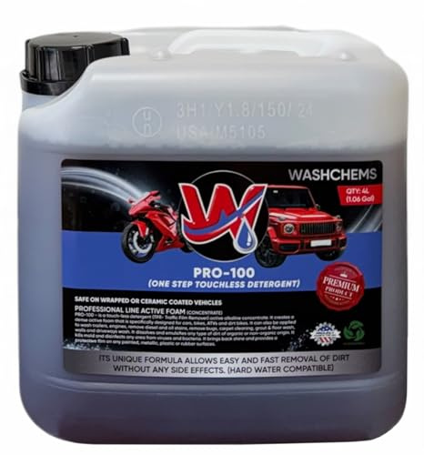 Wash Chems Pro 100 Touchless One Step Car Wash Detergent Soap Concentrate No Brushing 4L (Heavy-Duty) Commercial Grade Professional Auto Active Foam Cleaner