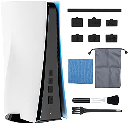 RHOTALL Kit di tappi antipolvere per console PS5, porta USB HDMI AC LAN protezione antipolvere in silicone per PS5 con 7 tappi antipolvere, 2 spazzole, 1 straccio e 1 custodia per accessori, nero