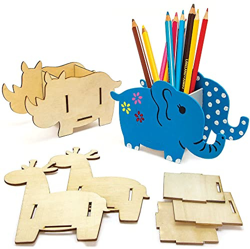 Baker Ross FC920 Tiere aus Afrika Holz Stifte Topf Bastelset - 3er Pack, Elefant, Giraffe und Nashorn Stiftebox aus Holz für Kinder zum Bemalen, Ausstellen und Schreibtisch Organisieren, Mittel