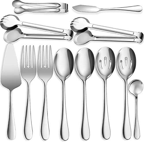 IAXSEE 12 PCS Stainless Steel Serving Utensils, Large Spoons Slotted Spoons Forks Tongs, Ice Suger Tongs, Pie Server, Butter Knife, Coffee Spoons, Great for Buffet Catering Banquet Party, Silver