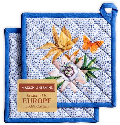 Maison d' Hermine Pot Holders Set 100% Cotton Heat Resistant Potholders 20 cm x 20 cm Hot Pads with Loop for BBQ Cooking Baking Handling Hot Pans Spring Summer (Pack of 2, Passiflora)