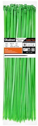 Oksdown Kabelbinder 100 Stück Grün 300 mm × 3,6 mm mit 18,2 kg Zugfestigkeit UV-Beständig Nylon Kunststoff Gartenarbeit Cable Zip Ties Set