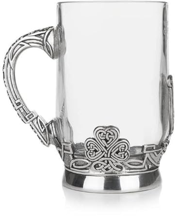 AE Williams Bierkrug aus Zinn und irischem Glas mit keltischem Knotenklee und Harfen-Design