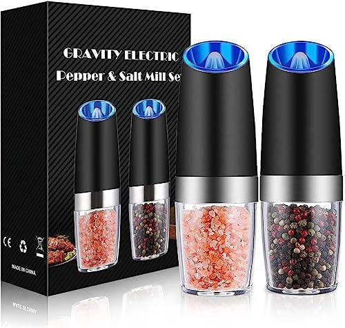 Funthy Elektrische Salz- und Pfeffermühle, Gewürzmühle mit Einstellbarem Grobheit mechanismus, Salz und Pfeffer Streuer, Salzmühle Blauem LED-Licht (2 Stück)